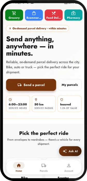 Parcel delivery — customer app home screen