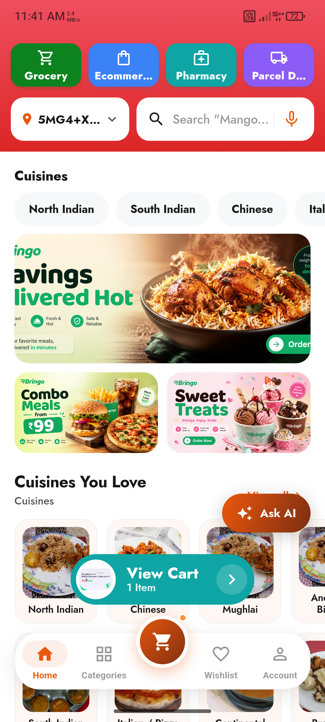 Food delivery in the customer app