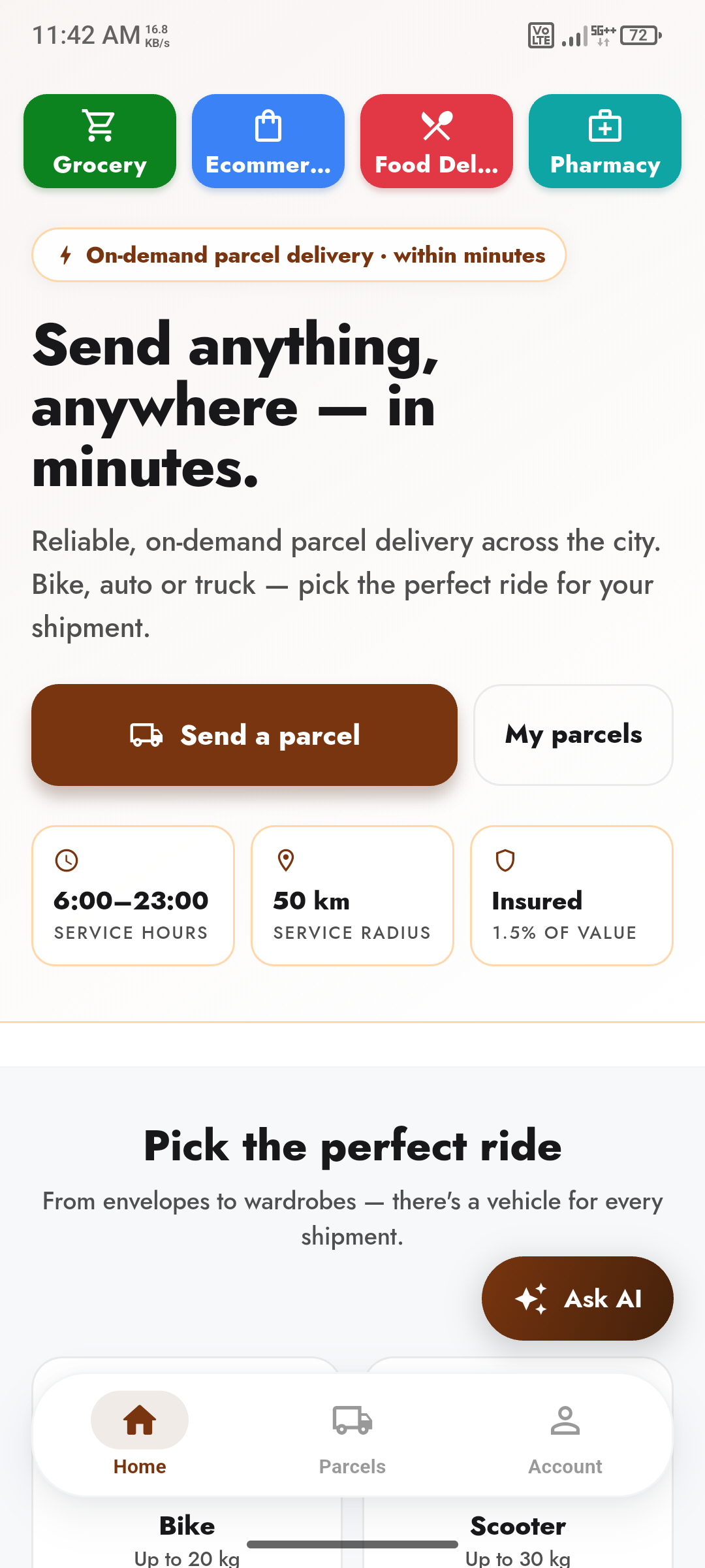 Parcel delivery in the customer app