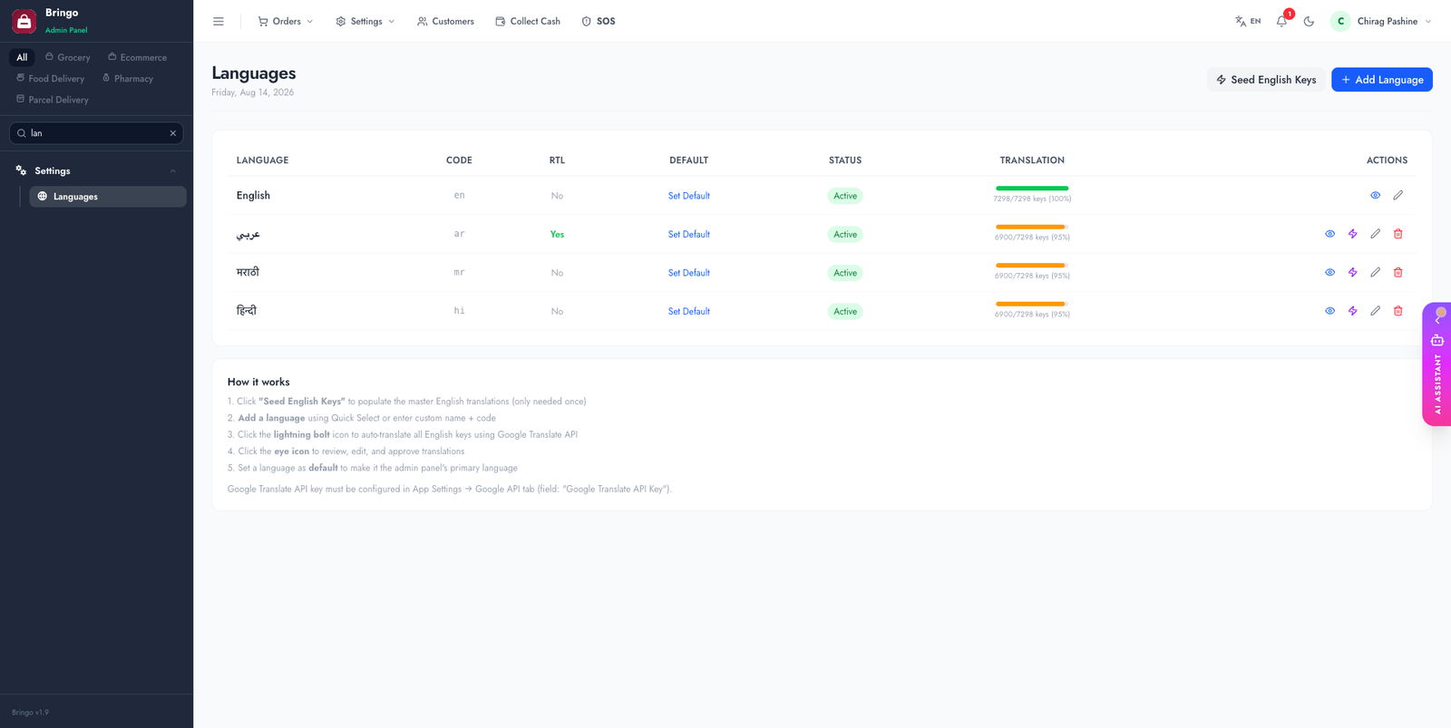 Languages admin page