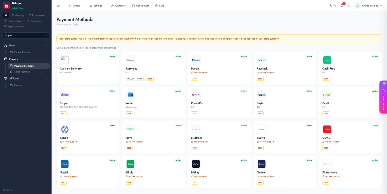 Payment Methods admin page