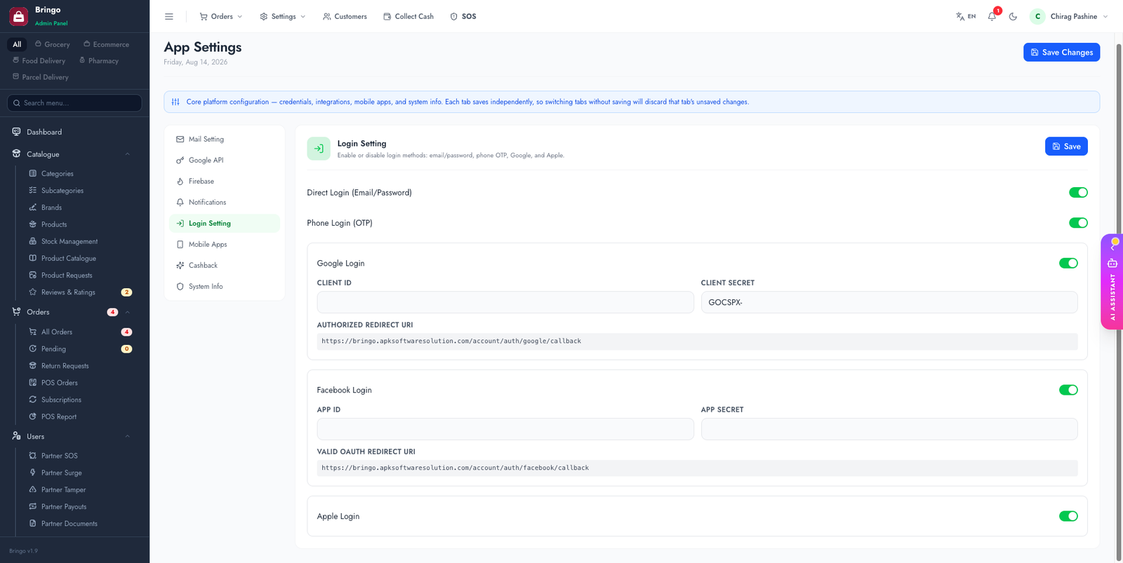 Social login settings