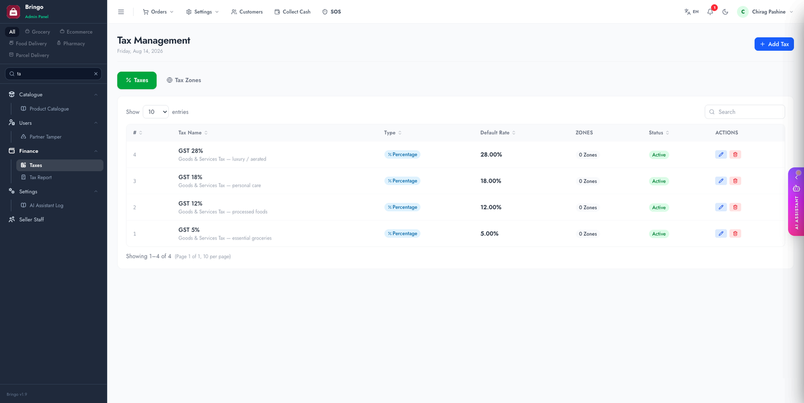 Taxes admin page